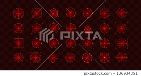 Crosshair Hud red. Weapon UI elements. Goal targeting and telescope viewfinder. Military Vector illustration Crosshair Hud red. Weapon UI elements. Goal targeting and telescope viewfinder. Military Vector illustration 136934351