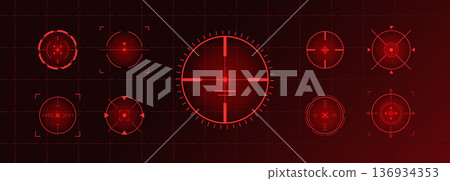 Crosshair Hud red. Sniper rifle viewfinder. Radar location system. Gun shooting range target icons and symbols. Flat Vector illustration Crosshair Hud red. Sniper rifle viewfinder. Radar location system. Gun shooting range target icons and symbols. Flat Vector illustration 136934353