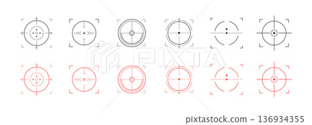 Crosshair Hud red. Sniper radar and viewfinder. Location Hud for combat game interface design. Set of simple Vector icons Crosshair Hud red. Sniper radar and viewfinder. Location Hud for combat game interface design. Set of simple Vector icons 136934355