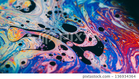Blur art flow. Psychedelic chemical ink. Blue red orange color mix fuel texture. Abstract gradient bright wave on black background. Blur art flow. Psychedelic chemical ink. Blue red orange color mix fuel texture. Abstract gradient bright wave on black background. 136934364