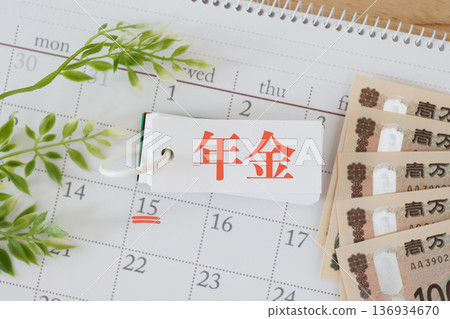 Image of pension payment date on the 15th. Calendar and cash. Image of pension payment date on the 15th. Calendar and cash. 136934670