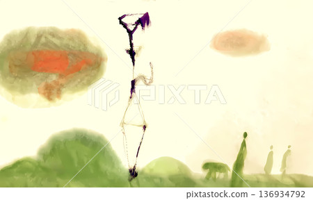 People and animals walking on green hills, and a gigantic, unknown object standing on the ground. 136934792