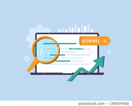 High performing SEO keywords research, search engine ranking strategy. High Intent seo keywords, long-tail phrases digital marketing analytics dashboard, modern flat infographic UI vector illustration 136934908