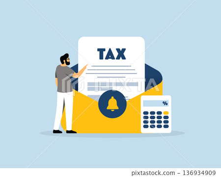Tax season payment e-mail notification. Tax bill report alert, finance management with calculator and envelope icon for business accounting dashboard, flat modern financial UI vector illustration 136934909