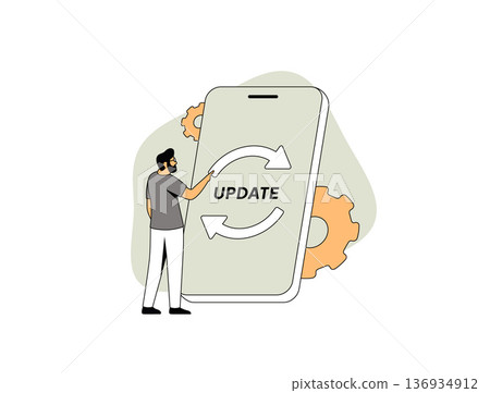Software update process on mobile app, system upgrade cycle arrows. Digital maintenance workflow for SaaS product corporate website infographic and modern mobile flat UI design, vector illustration 136934912