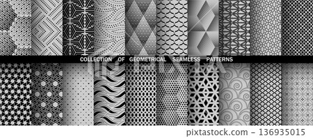 Geometric set of seamless black and gray patterns. Simple vector graphics 136935015