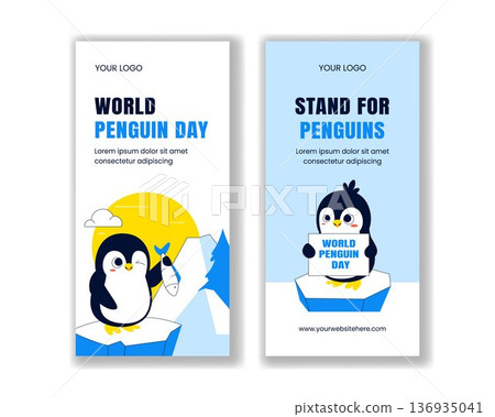 Vertical Banner Design World Penguin Day Flat Cartoon Hand Drawn Style 136935041