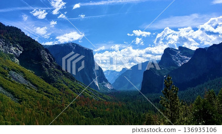 View from Tunnel View in Yosemite National Park, California, USA 136935106