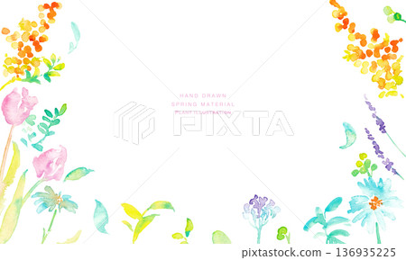 Watercolor painting. Vector spring botanical illustration with watercolor touch. Vector frame set of spring flowers and plants. 136935225