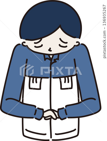 身穿工作服的男子正在道歉，藍色制服 136935267