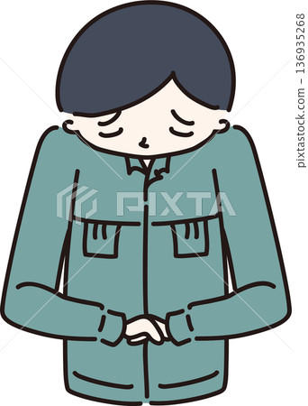 Illustration of a man in work clothes apologizing Green uniform Illustration of a man in work clothes apologizing Green uniform 136935268