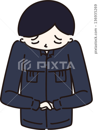 Illustration of a man in work clothes apologizing, navy blue uniform Illustration of a man in work clothes apologizing, navy blue uniform 136935269