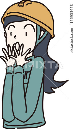 Illustration of a surprised woman wearing a helmet and work clothes. Green uniform Illustration of a surprised woman wearing a helmet and work clothes. Green uniform 136935658