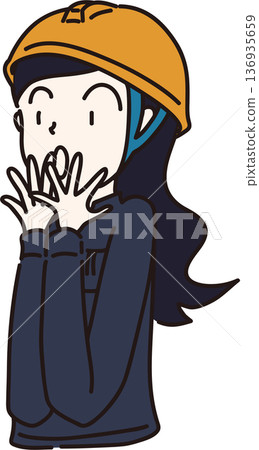 Illustration of a surprised woman wearing a helmet and work clothes, navy blue uniform Illustration of a surprised woman wearing a helmet and work clothes, navy blue uniform 136935659