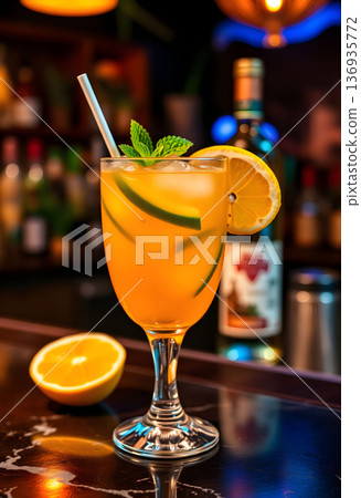 Orange cocktail glass with straw, lemon, and mint on a bar counter. Refreshing beverage concept for summer drinks and happy hour. 136935772