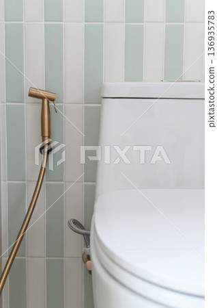 Modern toilet white ceramic bathroom bidet spray gold color wall tile hygiene plumbing clean contemporary style. Modern toilet with white ceramic and gold bidet spray beside wall tile creating 136935783