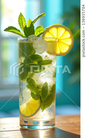 Refreshing glass of lemon and mint water. Cool summer drink for healthy hydration and relaxation. 136935784