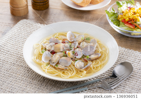 Vongole Biango soup pasta on the dining table 136936051