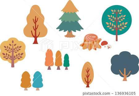 北歐風格的樹木和森林圖標集。生態、環境保護、自然主題向量素材。 136936105