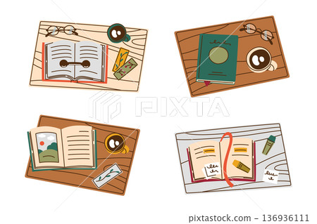 Cozy reading corners with open books, coffee cups, bookmarks, glasses on wooden tables. Flat cartoon vector illustration set. Perfect for literature, education, relaxation themes, library design Cozy reading corners with open books, coffee cups, bookmarks, glasses on wooden tables. Flat cartoon vector illustration set. Perfect for literature, education, relaxation themes, library design 136936111