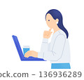 Illustration of a woman working a side job as a nomad. Relaxing and working remotely in a cafe or at home. Illustration of a woman working a side job as a nomad. Relaxing and working remotely in a cafe or at home. 136936289
