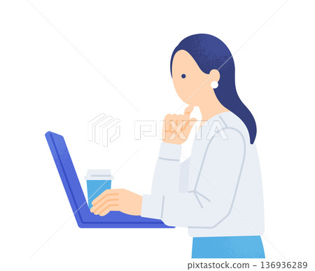 Illustration of a woman working a side job as a nomad. Relaxing and working remotely in a cafe or at home. Illustration of a woman working a side job as a nomad. Relaxing and working remotely in a cafe or at home. 136936289