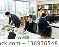 A smiling businesswoman working on a computer while talking on the phone in the office and her colleagues 136936548