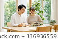 A smiling young couple planning their home while looking at a model house in the living room 136936559