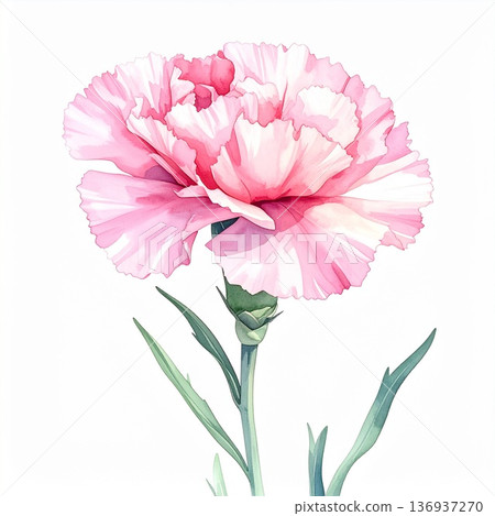 白色背景上的一朵粉紅色康乃馨，用水彩繪製。 136937270