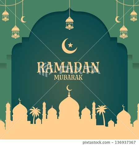 Ramadan Mubarak Greeting Islamic Background with Golden Lantern 136937367