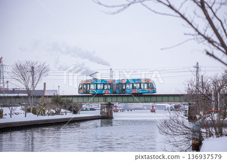 萬代線輕軌穿行於白雪皚皚的景色之中 萬代線輕軌穿行於白雪皚皚的景色之中 136937579