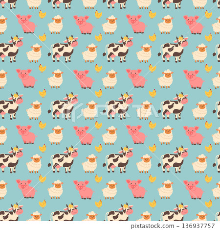 Seamless pattern with cute farm animals cow pig sheep and chicken vector illustration. 136937757