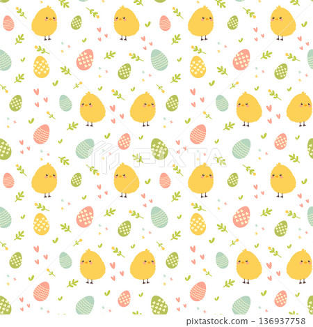 Seamless pattern with cute Easter chicks and colorful eggs vector illustration. 136937758