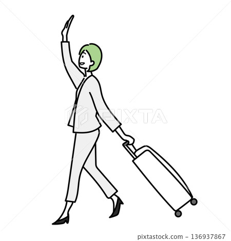 Stock Illustration: A woman wearing a suit and waving with a smile while pulling a carry case Stock Illustration: A woman wearing a suit and waving with a smile while pulling a carry case 136937867
