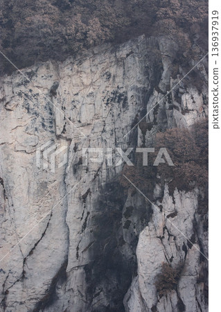 Rugged limestone cliff face with sparse vegetation Rugged limestone cliff face with sparse vegetation 136937919