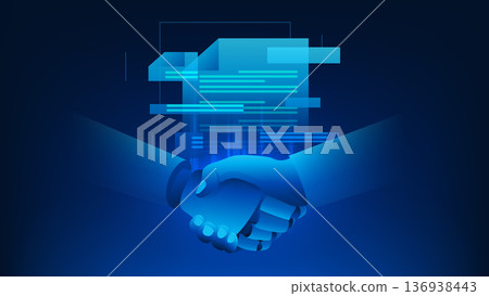 Technology background featuring a handshake between a human and a robot with digital agreement documents in the background, AI collaboration, smart contracts, business partnership, and transformation Technology background featuring a handshake between a human and a robot with digital agreement documents in the background, AI collaboration, smart contracts, business partnership, and transformation 136938443