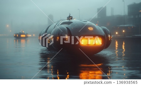 Futuristic autonomous watercraft in misty cityscape 136938565