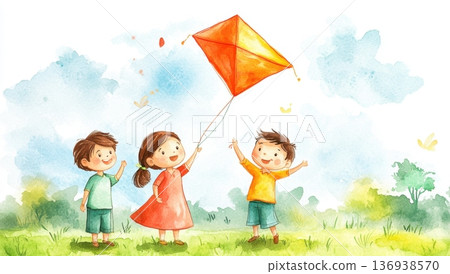 Happy Children Flying a Kite in a Watercolor Style 136938570