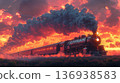 Vintage Steam Train Moving at Sunset with Smoke 136938583