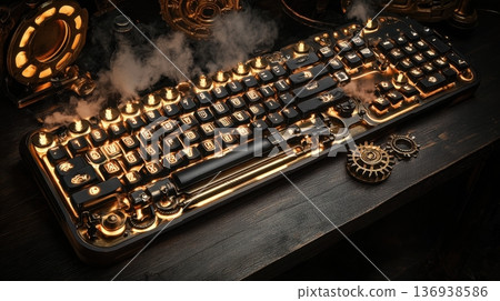 Steampunk mechanical keyboard with glowing keys Steampunk mechanical keyboard with glowing keys 136938586