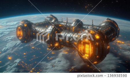 Futuristic Space Station Orbiting Earth with Glowing Lights 136938598