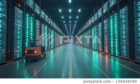 Futuristic forklift operating in high-tech warehouse Futuristic forklift operating in high-tech warehouse 136938599