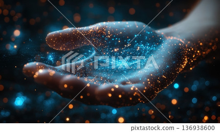 Futuristic hand holding digital glowing particles Futuristic hand holding digital glowing particles 136938600