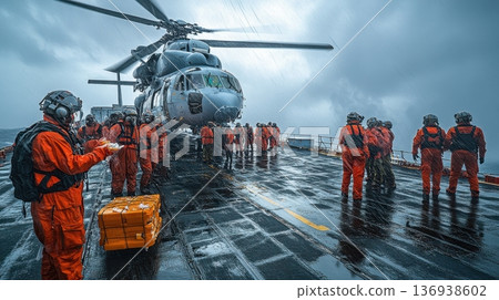 Military helicopter landing on aircraft carrier in stormy weather Military helicopter landing on aircraft carrier in stormy weather 136938602
