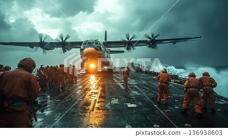 Military transport aircraft landing on aircraft carrier in stormy weather Military transport aircraft landing on aircraft carrier in stormy weather 136938603