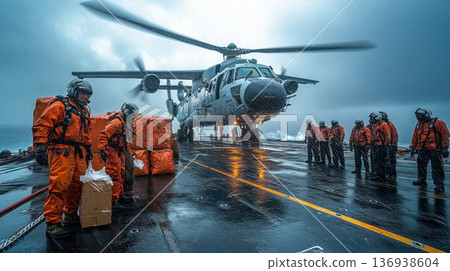 Military helicopter landing on aircraft carrier in stormy weather Military helicopter landing on aircraft carrier in stormy weather 136938604