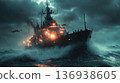 Military warship and helicopters in stormy night operation 136938605