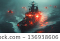 Military warship and helicopters in stormy night operation 136938606