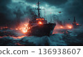 Military warship and helicopters in stormy night operation 136938607