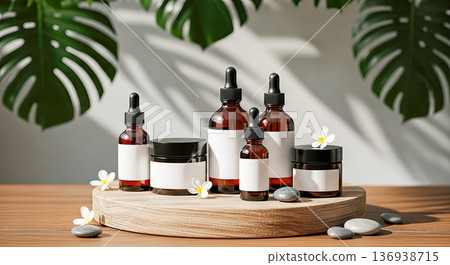 Tropical cosmetic mockup amber bottles on wooden podium with frangipani flowers and monstera leaves organic skincare product packaging display design scene Tropical cosmetic mockup amber bottles on wooden podium with frangipani flowers and monstera leaves organic skincare product packaging display design scene 136938715